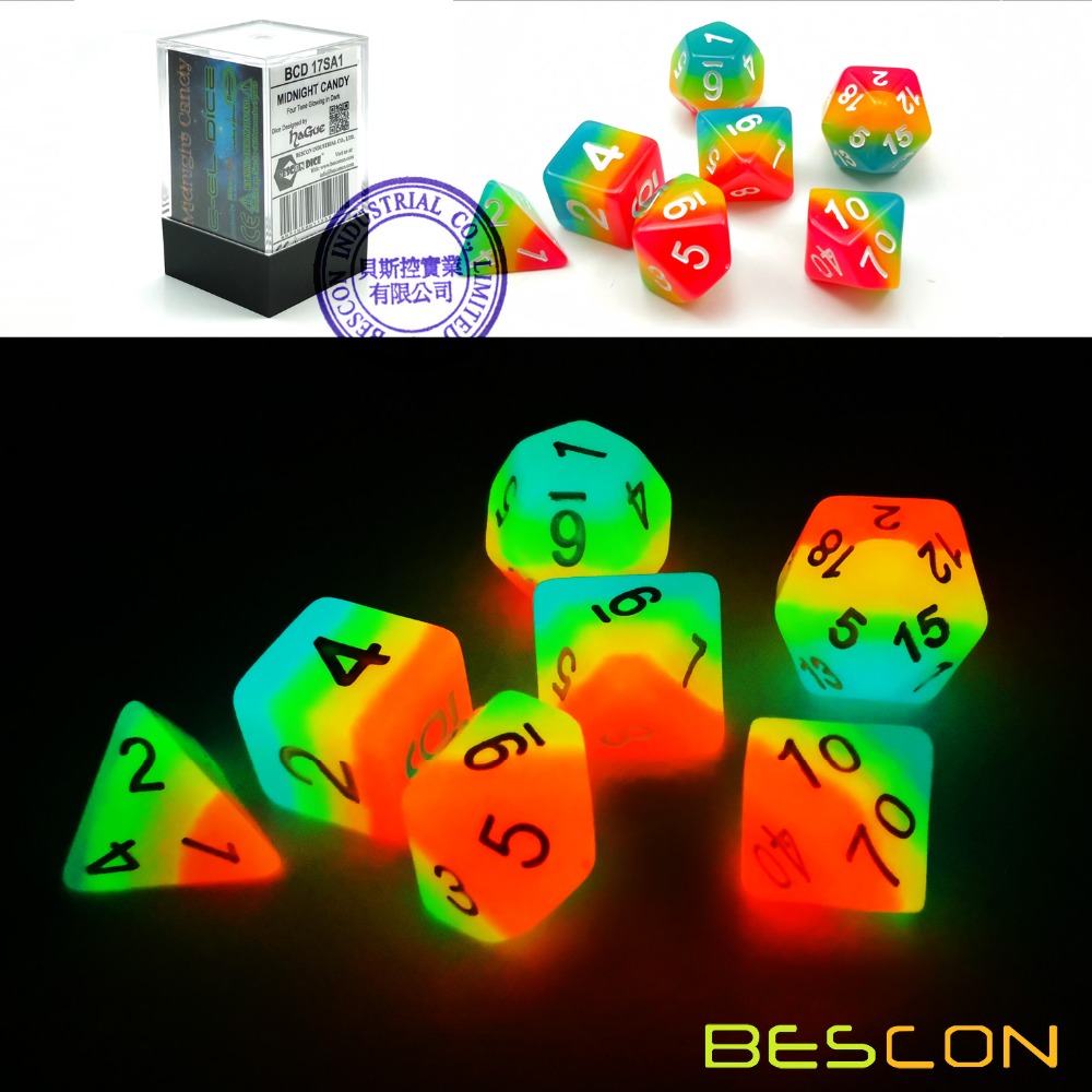Dice Set Polyhedral - BESCON แฟนตาซีสายรุ้งเรืองแสงลูกเต๋า Polyhedral 7pcs ชุด MIDNIGHT
