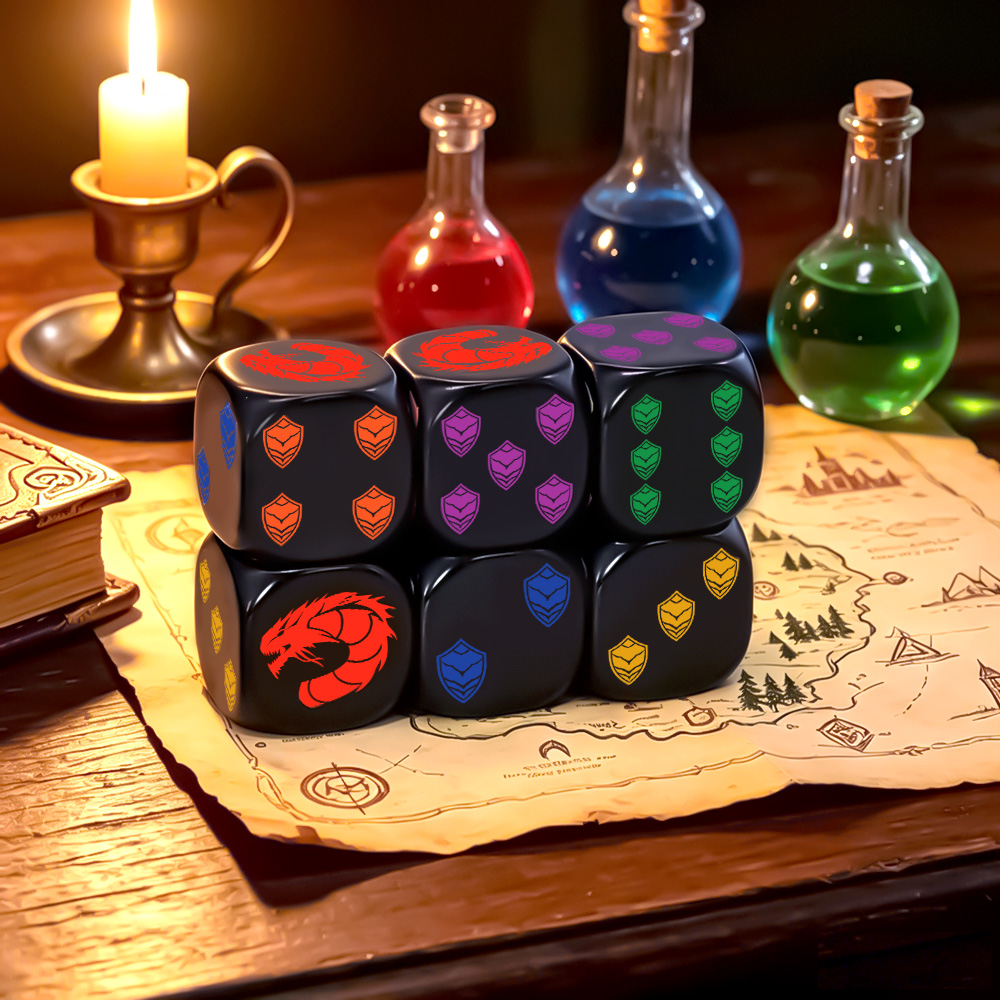 Dice Set Polyhedral - ชุดลูกเต๋า 6 ชิ้น ลายตราโล่ห์มังกร รูปทรงหลายเหลี่ยม D6