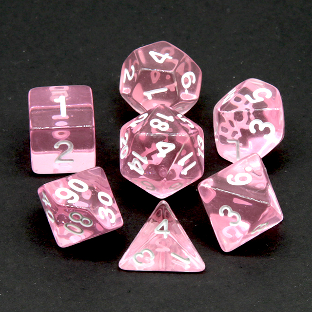Dice Set Polyhedral - ลูกเต๋าโพลีเฮดรัลสีชมพูใส 7 ชิ้น ตัวเลขสีขาว ครบชุด D4-D20